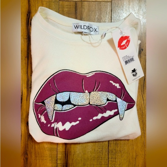 NEW Wildfox Vampire Fangs Holographic Glitter Teeth Lips Graphic Sweatshirt - Picture 7 of 10